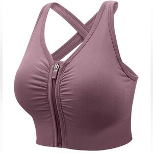 Front-Zip Mauve Sports Bra with Crisscross Back